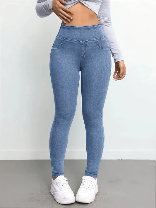 Women's Slim Fit Autumn Leggings with Full Length Denim-Look Floral Print Casual and Comfortable Workout Pants Chic Le'Meek