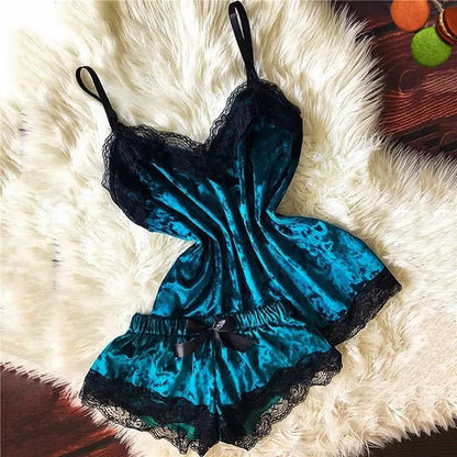 Sexy Lingerie Women Sleep Wear Camisole Bow Shorts V-Neck Tops Velvet Pajamas Sleepwear пижама женская Hot Chic Le'Meek