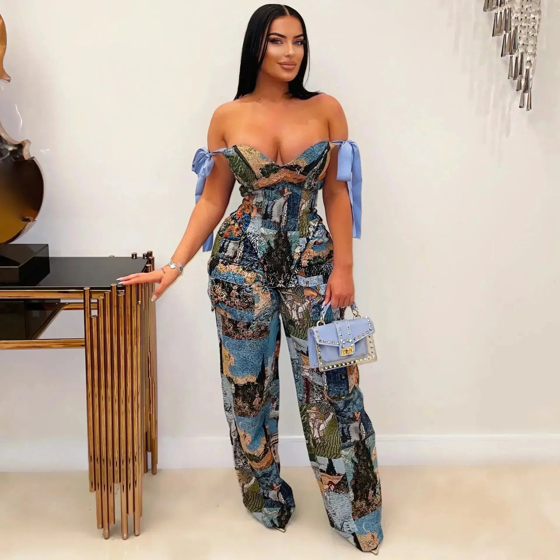 Oil Painting Printed Women's Set Lace Up Back Crop Top and Pants Suit 2025 Fall Winter Two 2 Piece Sets Outfit Tracksuit AliExpress