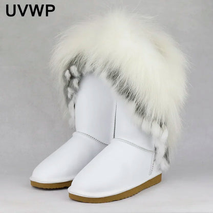 New Fashion Big Natural Fox Fur Snow Boots  High Boots Winter Long Boots