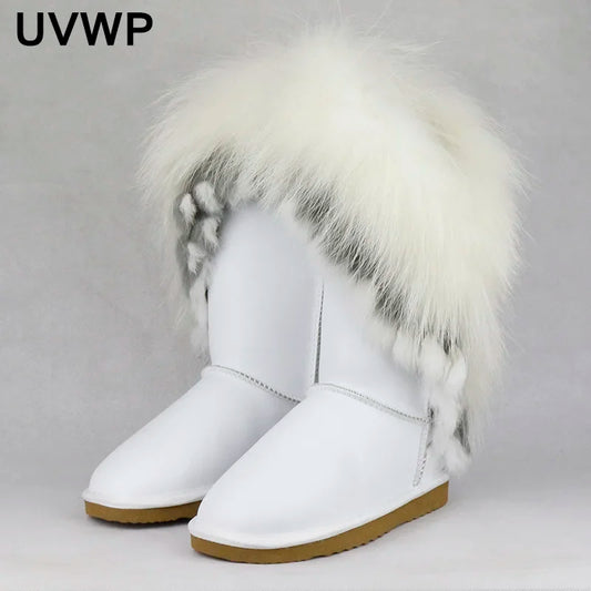 New Fashion Big Natural Fox Fur Snow Boots  High Boots Winter Long Boots