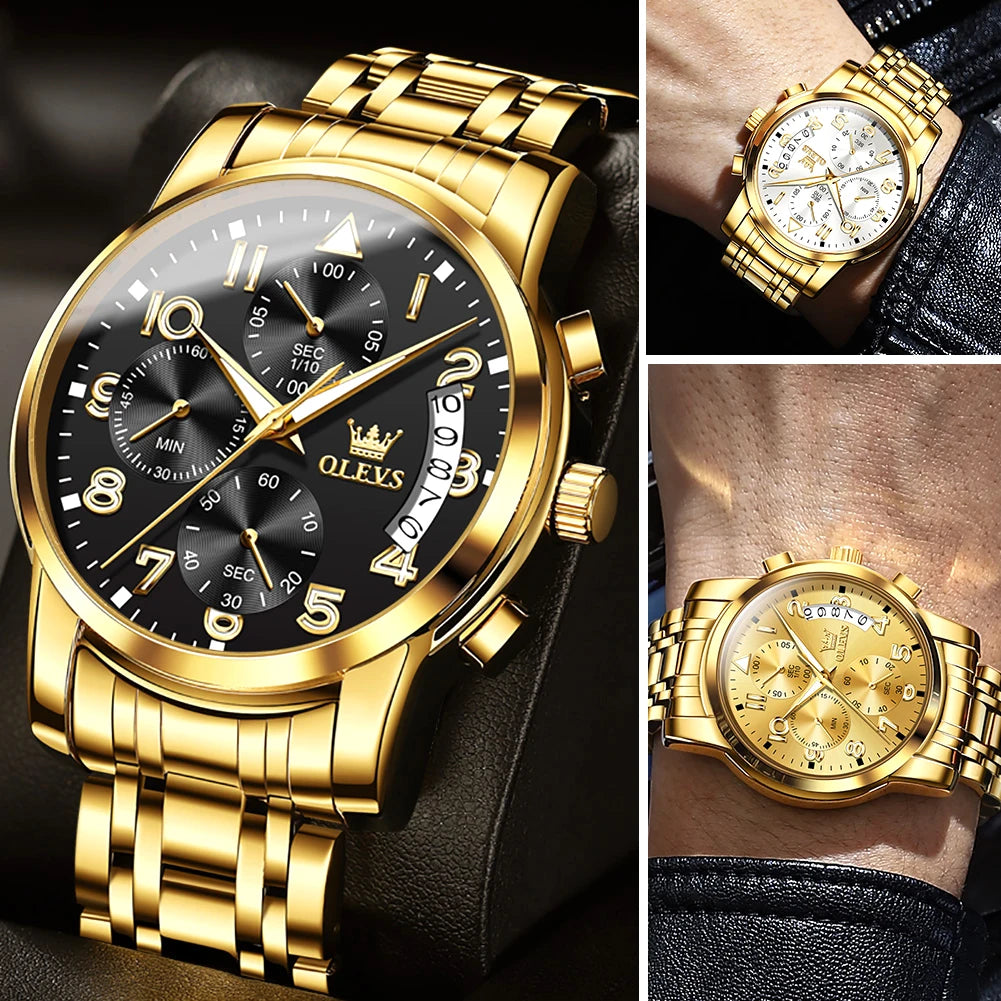 OLEVS Luxury Men's Watches Original Gold Chronograph Wristwatch Waterproof Stainless Steel Luminous Quartz Watch for Man Social