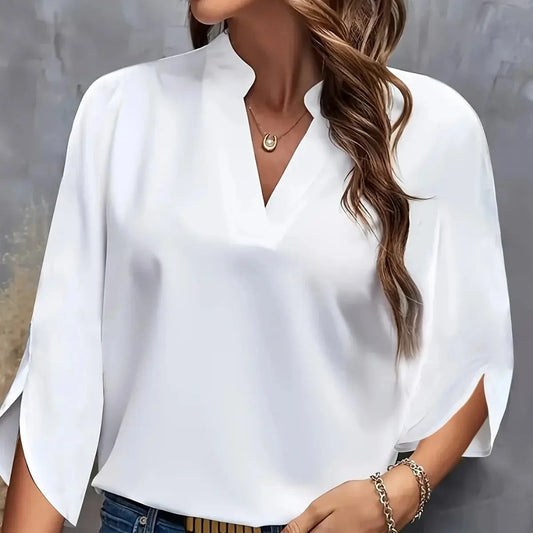 Plus Size Shirts New V-neck Summer Elegant Women's Blouses Solid Color Loose Short Sleeve Casual White Office Lady Tops Clothing Chic Le'Meek