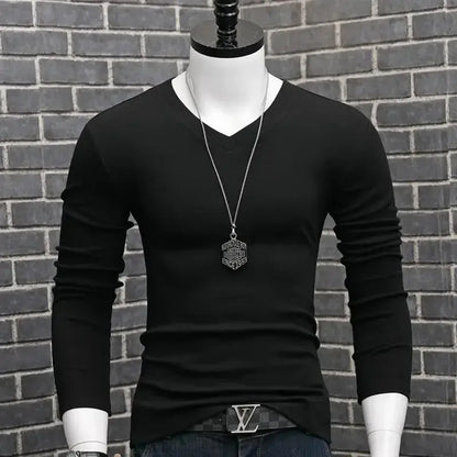 Men Casual Long Sleeve Pull on V neck Bottoming Shirt Tees Chic Le'Meek