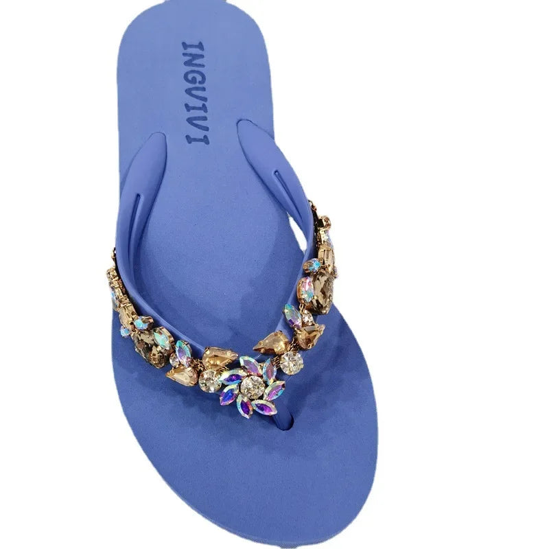 Slippers Women Glitter Flip Flops  Summer 2023 Fashion Outdoor Rhinestone Chain Wedge Beach Slippers Jelly Hawaiian Flat Sandals