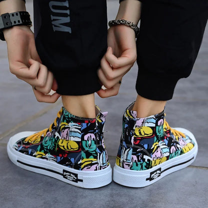 Cool Discount Low Price Shoes Graffiti Canvas Shoes Men's Sneakers High Top Couple Style Board Casual Mens Tennis Men's Shoes