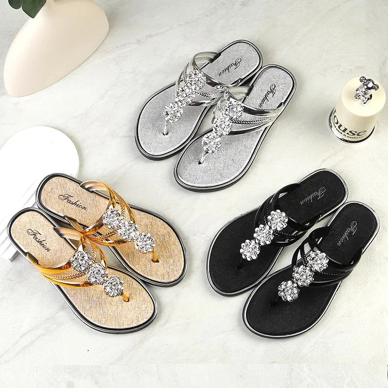 Women's Shoelace Diamond Slippers Women's Large Size Flip-flops 2024 Women's Slippers Summer Sandals New Flat Silver