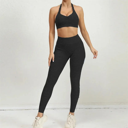 2025 1/2PCS V Back Lycra Pad Pocket Halter Sport Bra Yoga Set Squat Proof Scrunch Legging Workout Pant Gym Fitness Active Suits Chic Le'Meek