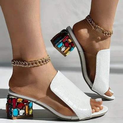 Women Crystal Sandals 2024 New Spring Summer Open Toe Sandals Square Heels Beach Fashion Sandals Women Sandalias De Mujer Chic Le'Meek