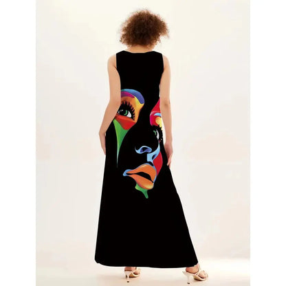 Mask printing Dress Sexy Sleeveless Dress  V-Neck  Casual  Clothing Women Chic Le'Meek