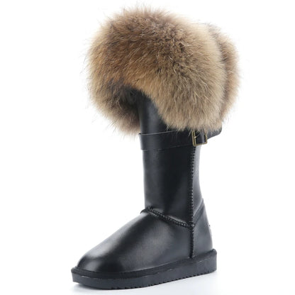 Luxury Winter Women Boots Natural Fox Fur Snow Boots Genuine Leather Mid-calf Boots Cow Anti-slip Waterproof Warm Flat Boots