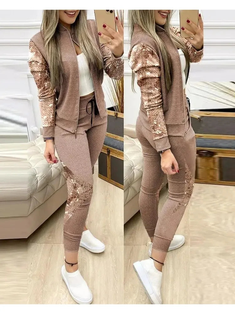 Trend Leopard 2 Two Piece Set Women Outfits Activewear Zipper Top Leggings Women Matching Set Tracksuit Female Outfits for Women