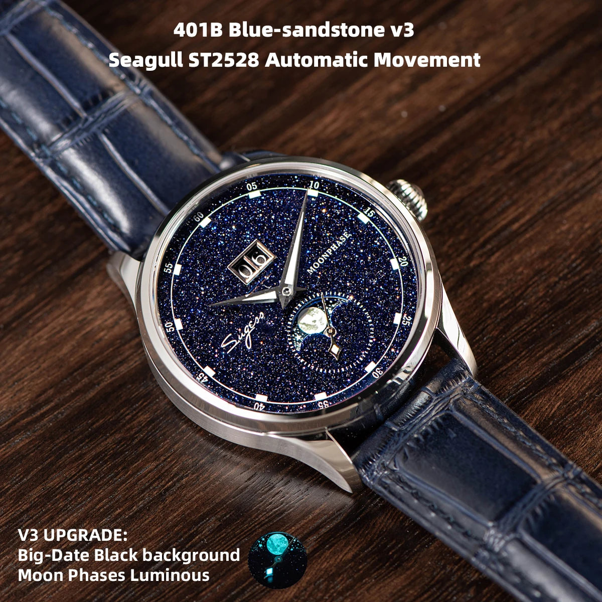 Sugess Moonphase Watch of Men 40mm Automatic Mechanical Wristwatches Seagul ST2528 Movement Stainless Steel Blue Sandstone Dial