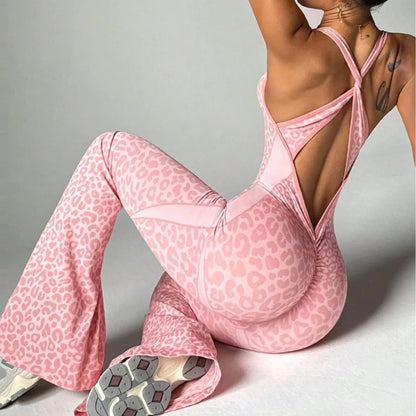 Women Leopard Sports Jumpsuits Flared Bodycon Tracksuits Crossover Bandage Yoga Workout Fitness Gym Training Athletic Tights Chic Le'Meek