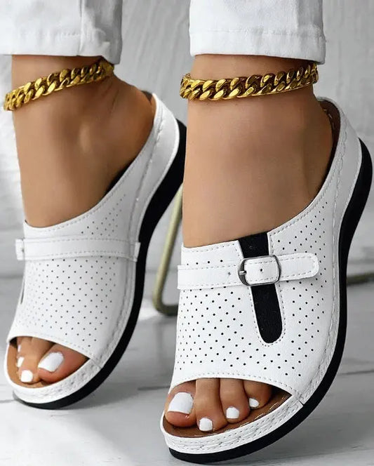 Shoes with hollowed out fish mouth button and sloping heel sandals AliExpress