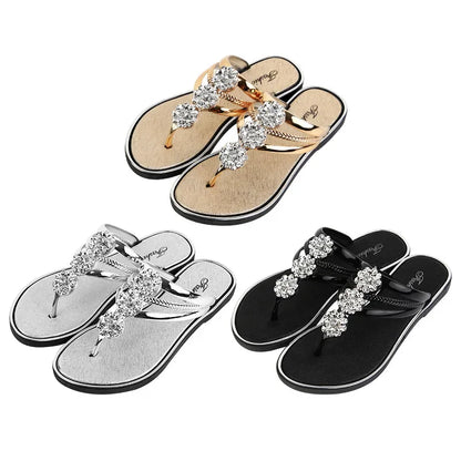 Women's Shoelace Diamond Slippers Women's Large Size Flip-flops 2024 Women's Slippers Summer Sandals New Flat Silver