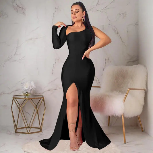 Spring Fall Longuette Long-sleeved Elastic Force Single Sleeve Slim Long Women's Dress Chic Le'Meek