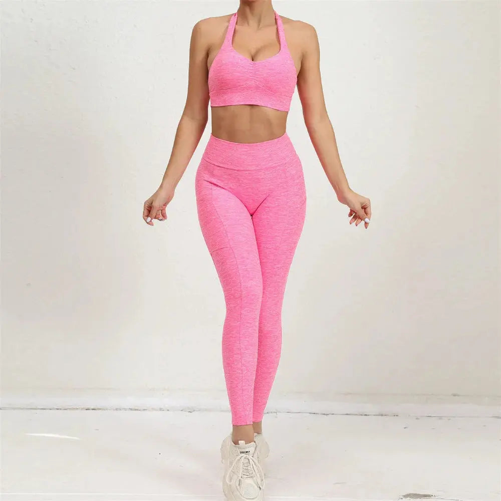 2025 1/2PCS V Back Lycra Pad Pocket Halter Sport Bra Yoga Set Squat Proof Scrunch Legging Workout Pant Gym Fitness Active Suits Chic Le'Meek