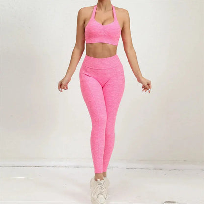 2025 1/2PCS V Back Lycra Pad Pocket Halter Sport Bra Yoga Set Squat Proof Scrunch Legging Workout Pant Gym Fitness Active Suits Chic Le'Meek