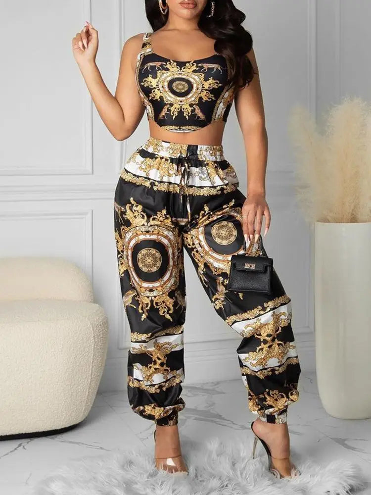 Fashion 2023 Summer Women Black Clubwear Two Piece Suit Sets Sleeveless Scarf Print Crop Top & High Waist Casual Long Pants Set