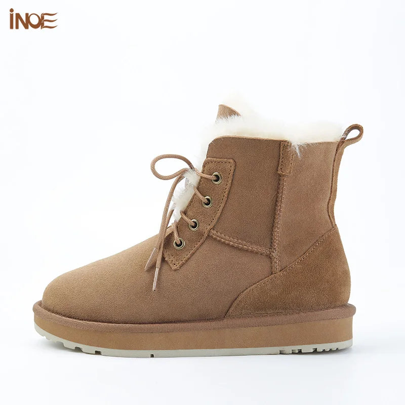 INOE Women Fashion Casual Short Winter Snow Boots Sheepskin Suede Leather Natural Sheep Wool Fur Lined Warm Shoes Waterproof