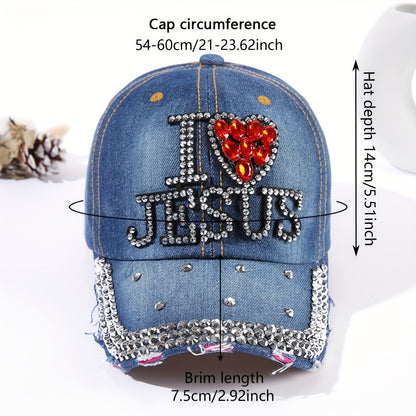 "I Love Jesus" Letter Rhinestone Baseball Cap, Distressed Sun Protection Ponytail Denim Hat, Casual Sports Hat For Women