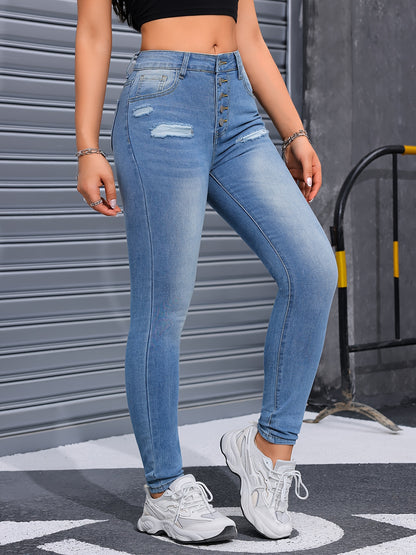 Plus-size Comfy Stretchy Single-breasted Ripped Skinny Fit Plain Washed Blue Denim Pants, Women's Denim Jeans & Clothing