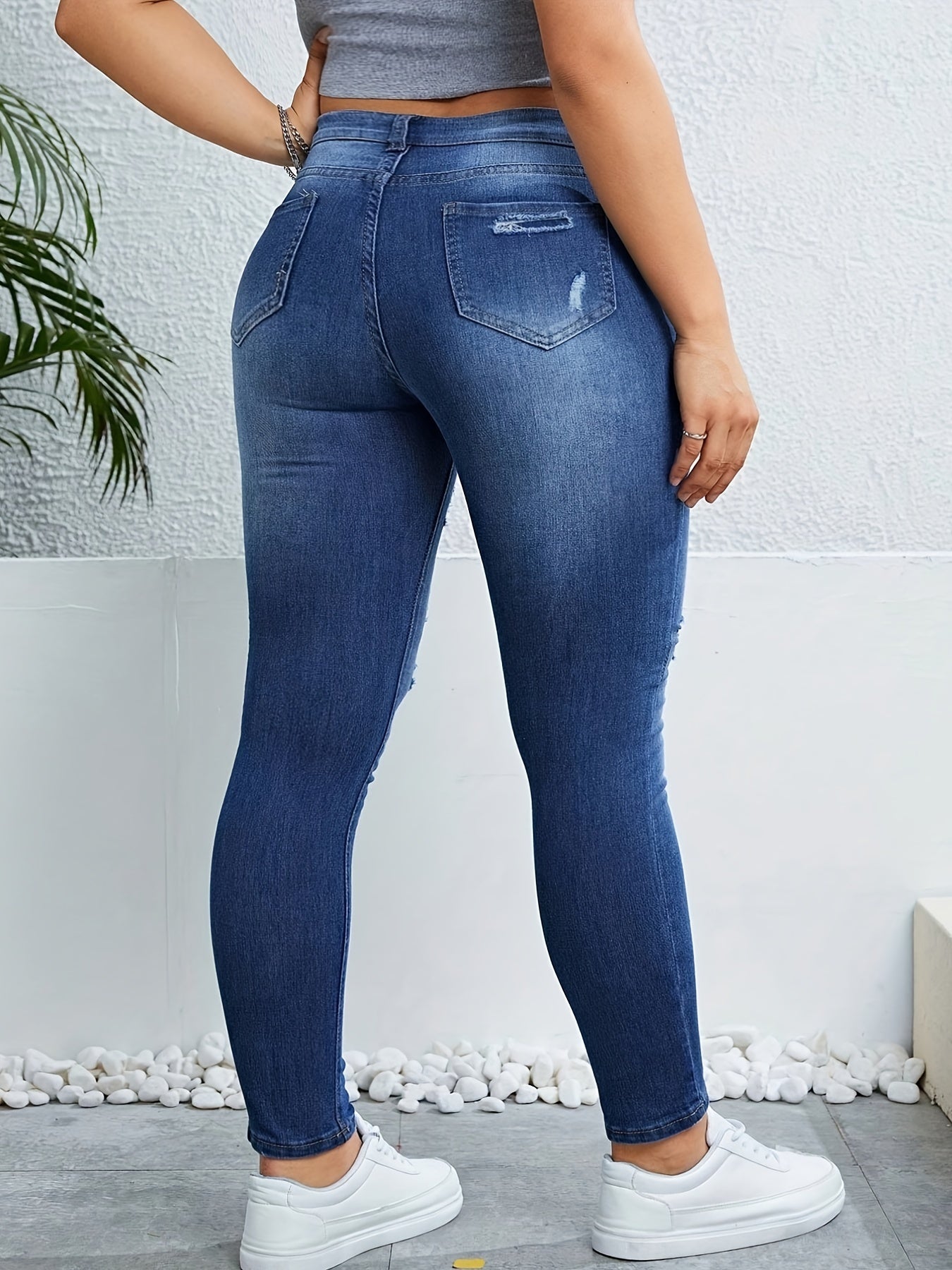 Plus Size Casual Jeans, Women's Plus Star Print Ripped Button Fly High Rise High Stretch Skinny Jeans