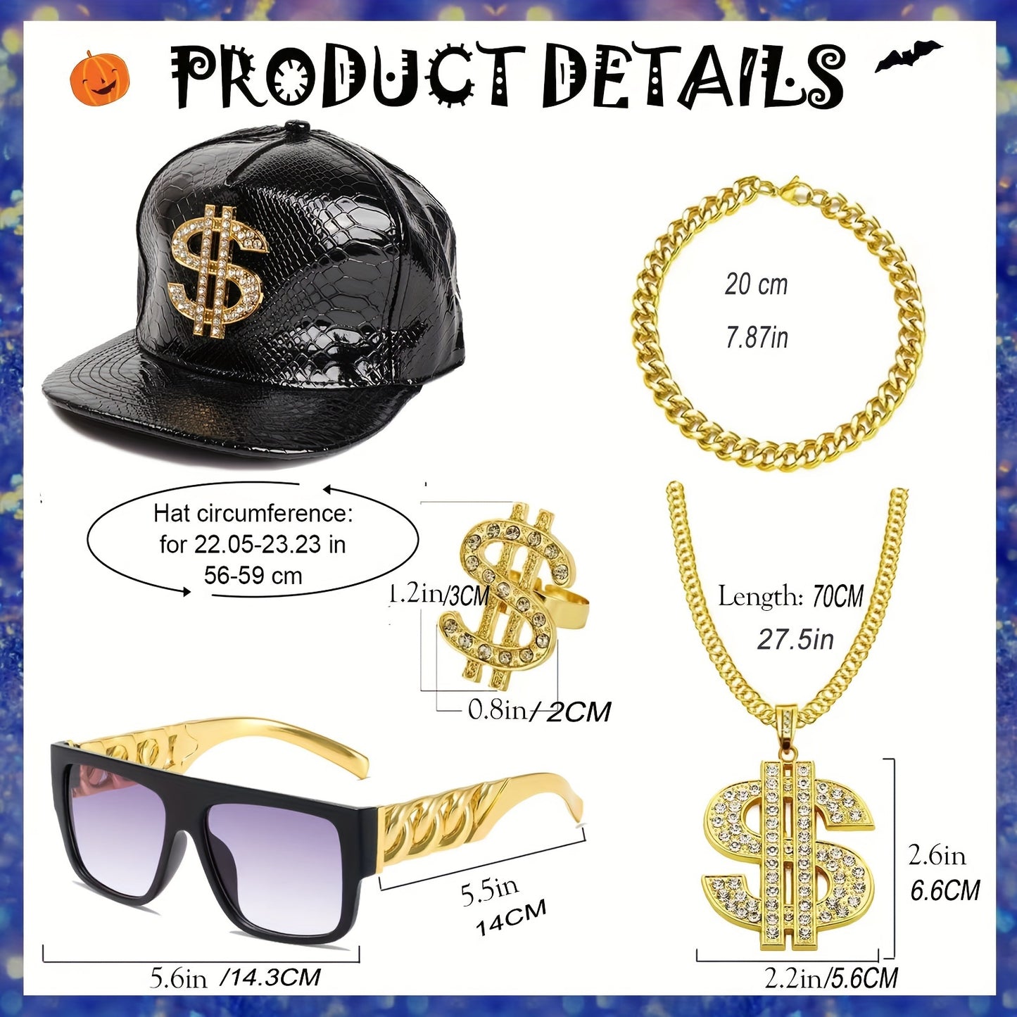 5Pcs Hip Hop Costume Kit 80s 90s Rapper Accessories Set Gold Rapper Hat Baseball Cap Punk Sunglasses Gold Dollar Sign Pendant Necklace