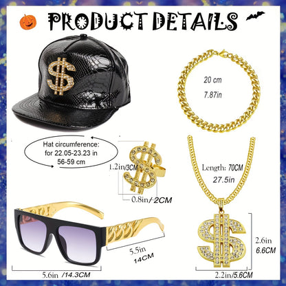 5Pcs Hip Hop Costume Kit 80s 90s Rapper Accessories Set Gold Rapper Hat Baseball Cap Punk Sunglasses Gold Dollar Sign Pendant Necklace