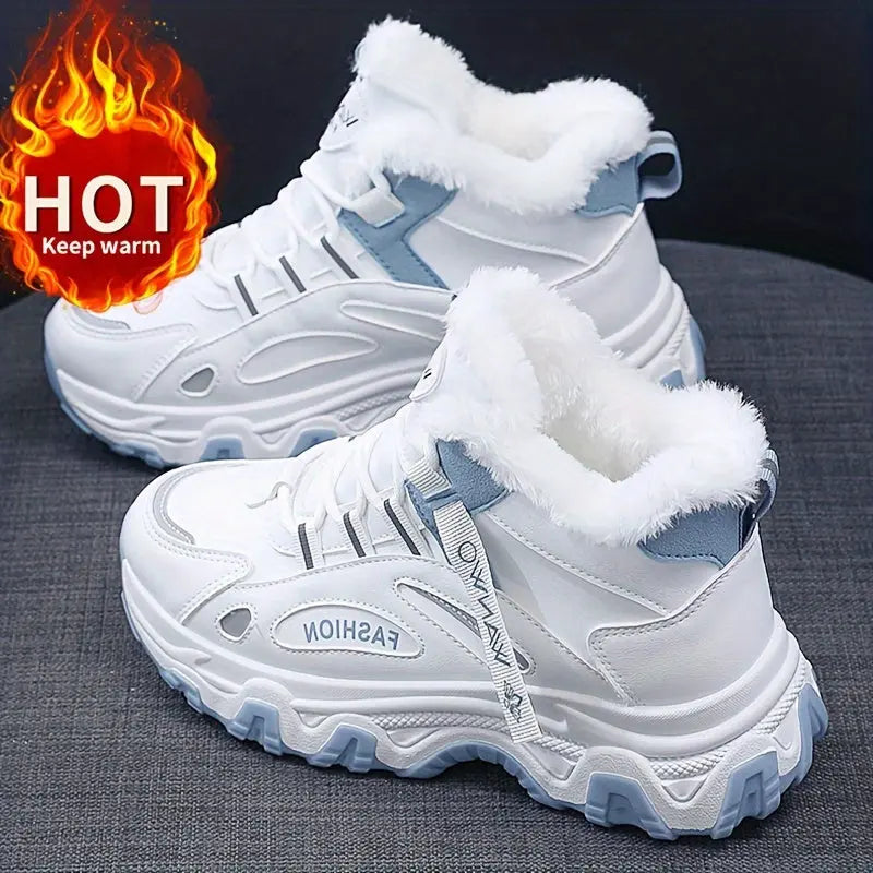 Women's Blue Fashion Winter Sneakers - Thick Sole, Plush Lining for Warmth, Non-Slip, Versatile Casual Sports Shoes with Round Toe and Lace-Up Closure, Ladies Sneakers Chic Le'Meek