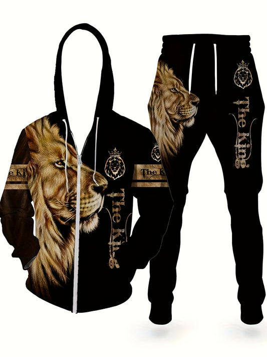 Men's Lion The King Pattern Fashion Novelty Pajamas Loungewear Set, Hoodie And Sweatpants Set, Long Sleeve Sweatshirts Jogger Pant, Outfits For Men