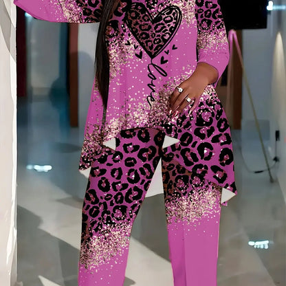 Leopard & Heart Print Plus-Size Set for Women - High-Low Hem, 3/4 Sleeves, Crew Neck Top & Pants Chic Le'Meek