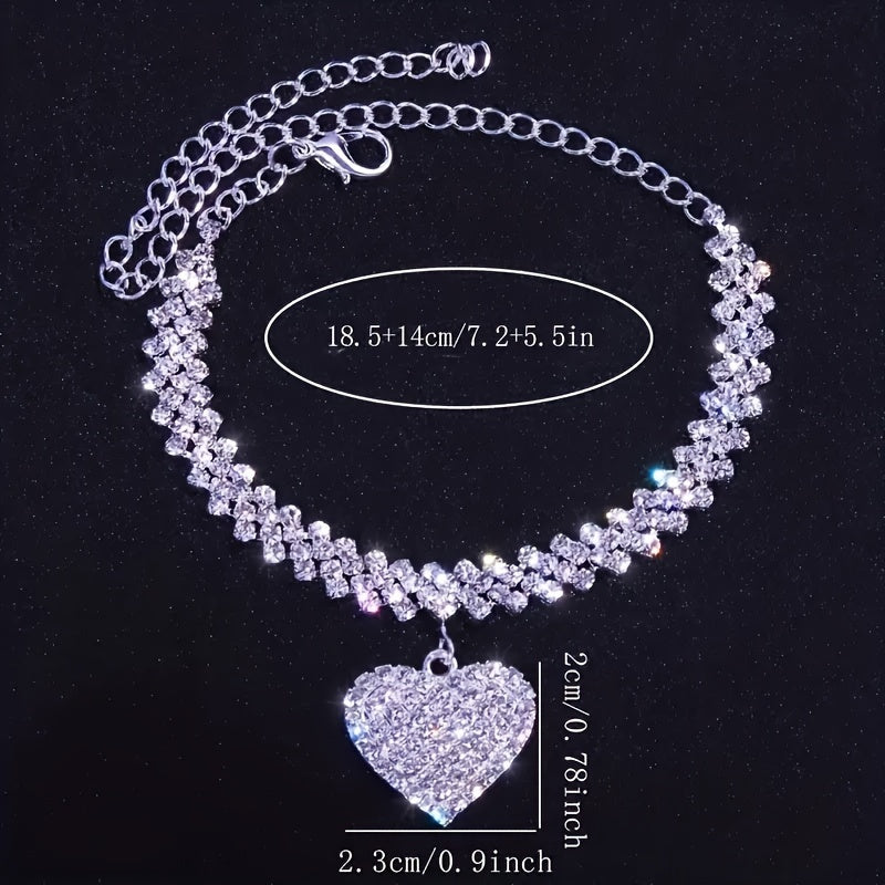 2pcs Luxury Design Glitter Rhinestone Heart Shape Love Anklet and Bracelet Set Women Party Wedding Engagement Jewelry Gift