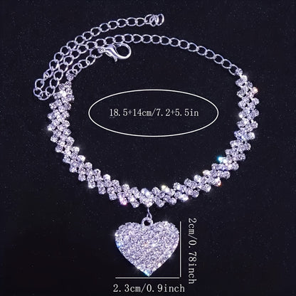 2pcs Luxury Design Glitter Rhinestone Heart Shape Love Anklet and Bracelet Set Women Party Wedding Engagement Jewelry Gift