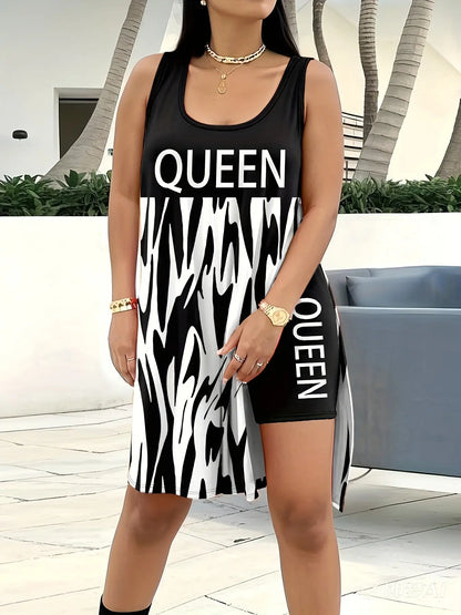 Two Piece Set of Plus Size Fashionable Vest And Shorts, with a Slit at The Hem And Queen Letter Print Chic Le'Meek