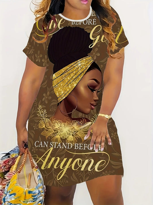 GOD Slogan Printing, Portrait Printing, Round Neck, Short-sleeved Plus Size Dress, The Fabric Is Comfortable And Stretchy Chic Le'Meek
