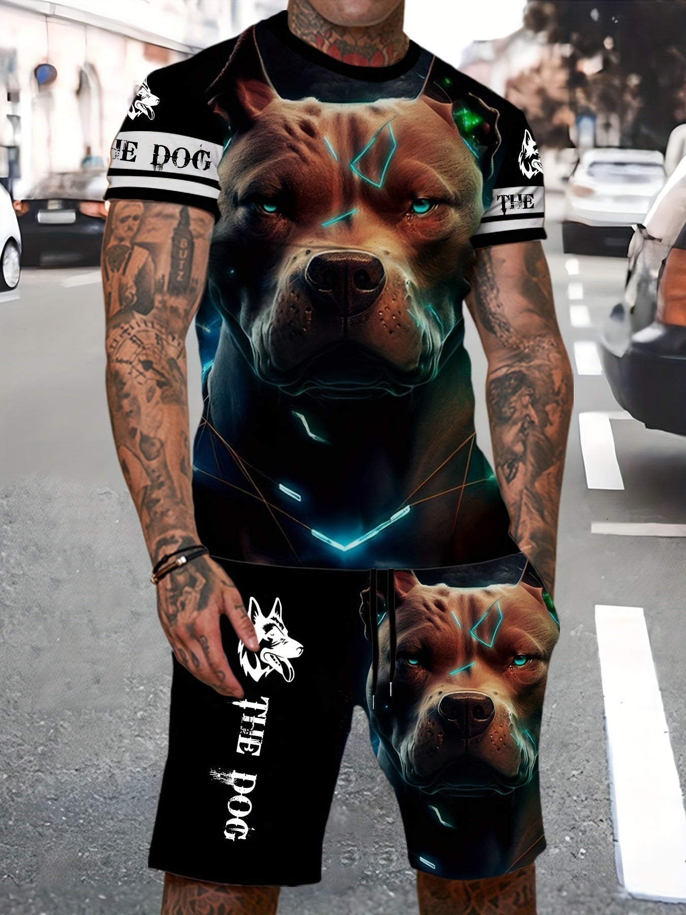 2-Piece Men's Fun Dog Novelty Outfit Set - Graphic Short Sleeve T-Shirt & Pocket Shorts with 3D Digital Print - Perfect for Summer Outdoor Activities, Casual Wear, and Gift Ideas