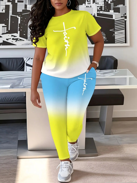 Ladies' Daily Casual Gradient Suit, Faith Letter Printing, Plus-size Tight Pants With Pockets Chic Le'Meek