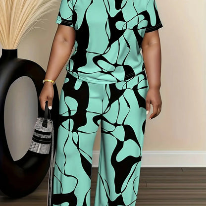 Plus Size Women'S Fashion Two Piece Suit, Round Neck Short Sleeve Top And Pants Set, Women'S Plus Size Trousers Short Sleeve Two Piece Suit Chic Le'Meek