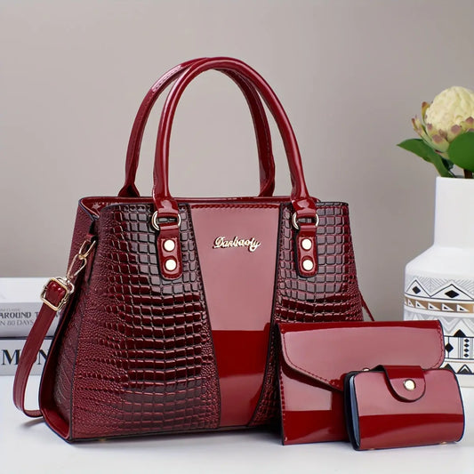 3pcs Elegant PU Handbag Set, Crocodile Pattern Large Capacity Crossbody Bag with Coin Purse and Card Holder, Lightweight Shoulder Bag with Sequins and Zipper Closure Chic Le'Meek