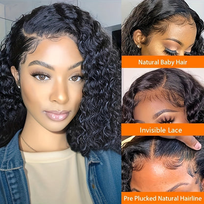 16 150% Density Deep Wave Curly Bob Wig - 13x4 Transparent Lace Front, Pre-Plucked Hairline, Natural Black, Baby Hair, Soft and Breathable, Suitable for All Women