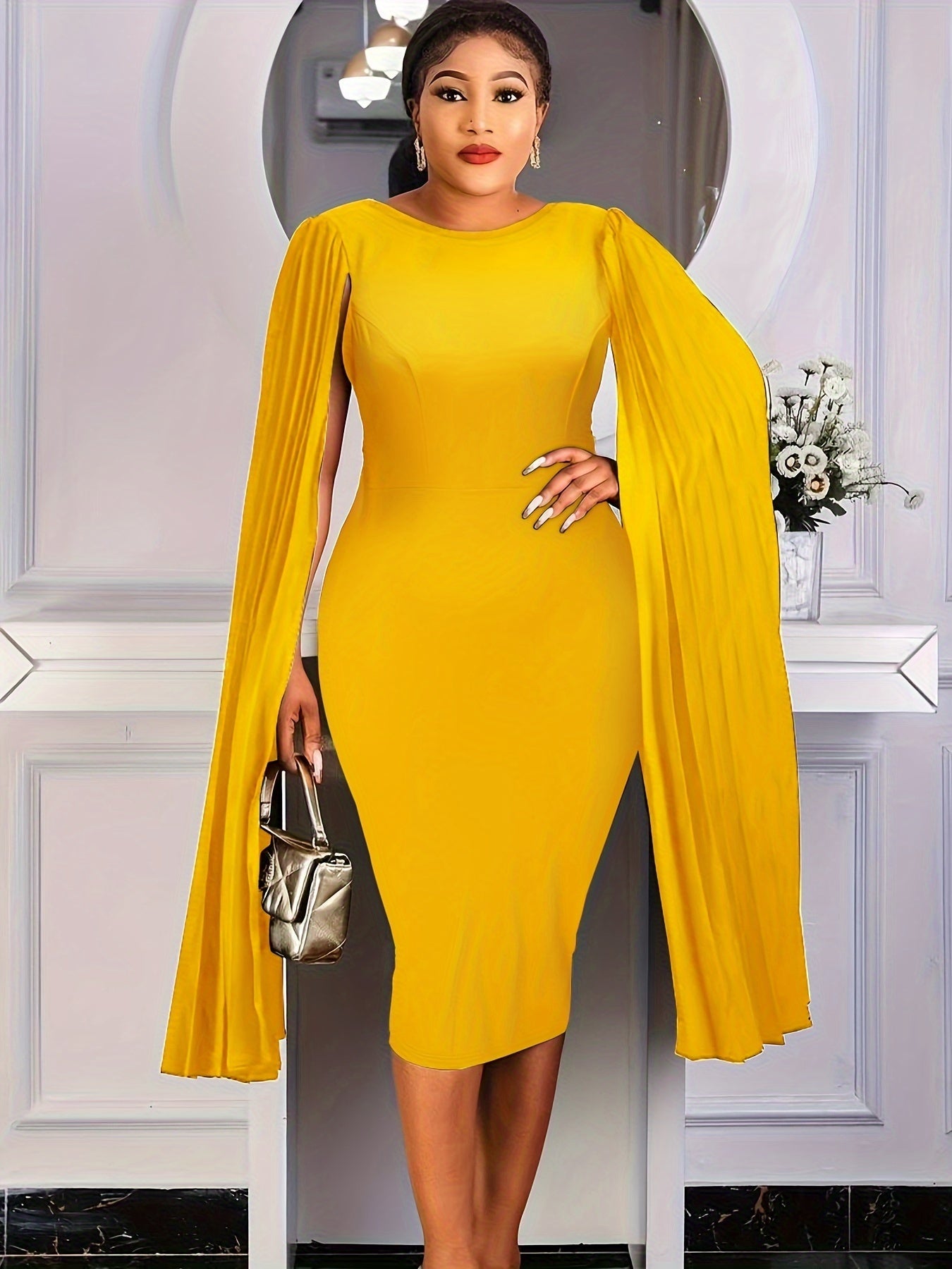 Plus Size Elegant Cape Sleeve Crew Neck Dress - Soft Medium Stretch Polyester Fabric, All-Season Wear - Simple yet Chic Solid Color Knit Fabric Dress for Women