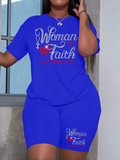 Ladies' Casual Short Sleeved Shorts Set, Hot Stamping Craftsmanship, Women's Faith Letter Hot Stamping Heart Pattern Chic Le'Meek