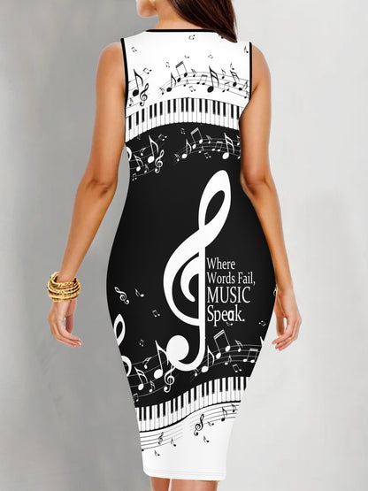 Plus Size Elegant Music Note Print Bodycon Tank Dress - Crew Neck, Medium Stretch Polyester, Machine Washable - Perfect for Spring and Summer