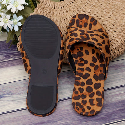 Summer Chic Leopard Print Denim Slide Sandals - Breathable, Lightweight, Slip-on, Flat Heel, Open Toe, Rubber Sole - Perfect for Casual Summer Outings