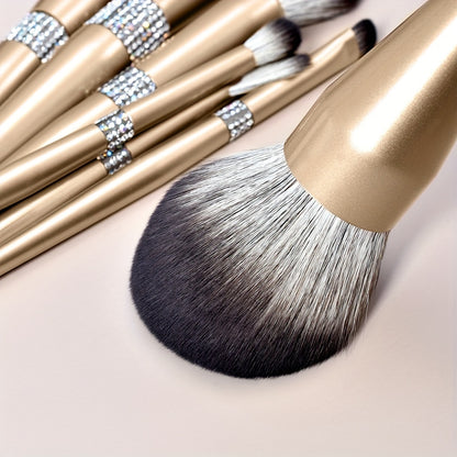 12-Piece Luxurious Crystal Makeup Brush Set - Soft, Cruelty-Free Bristles, Champagne Golden Handle, Portable Case - Ideal for Powder, Blush, Foundation, Eyeshadow, Highlighter, Concealer, and Makeup Artists of All Levels