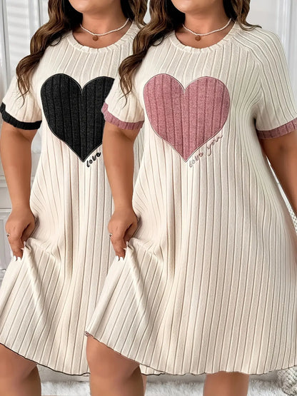 Plus Size Short-Sleeve Dress with Heart Embroidery Two-Piece Set Temu