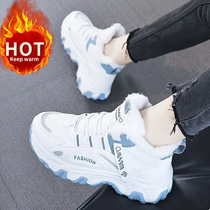 Women's Blue Fashion Winter Sneakers - Thick Sole, Plush Lining for Warmth, Non-Slip, Versatile Casual Sports Shoes with Round Toe and Lace-Up Closure, Ladies Sneakers Chic Le'Meek