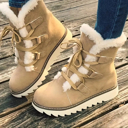 Women's Faux Fur Lined Snow Boots, Slip-Resistant Platform Soft Sole Warm Snow Boots, Comfort Mid-calf Non-slip Snow Boots Chic Le'Meek